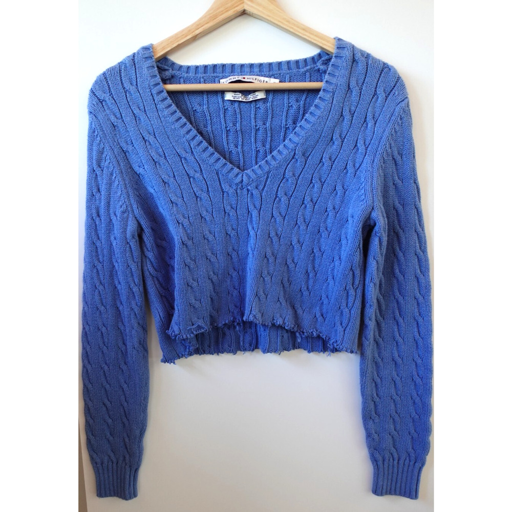 Vintage 90s Tommy Hilfiger Sweater Womens Medium Blue Cutoff Boxy Cropped Grunge